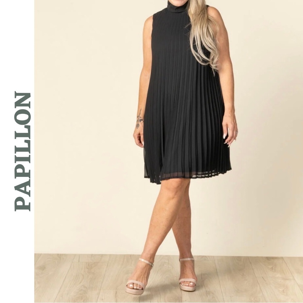 Papillon Pleated Mock Neck Dress Black Extra Small NWT
